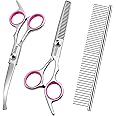 GEMEK Dog Grooming Scissors with Safety Round Tips Stainless Steel Professional Dog Grooming Kit - Thinning, Curved Scissors 