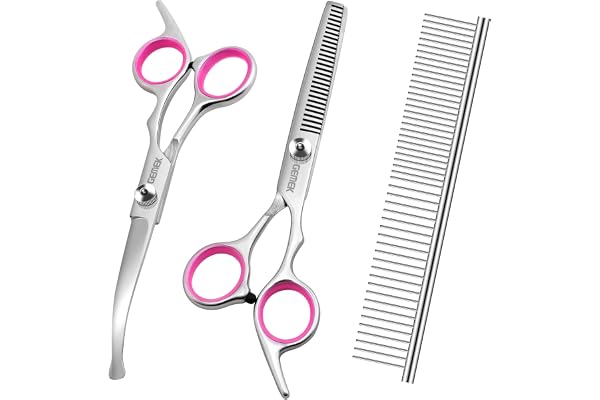 GEMEK Dog Grooming Scissors with Safety Round Tips Stainless Steel Professional Dog Grooming Kit - Thinning, Curved Scissors
