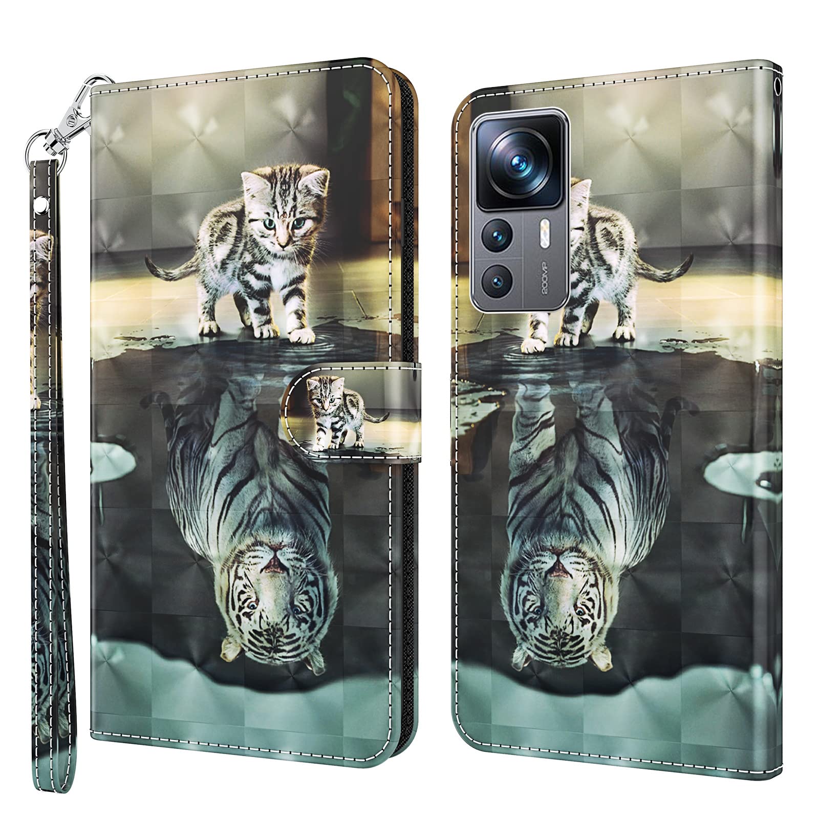 GLANDOTU Case for Xiaomi 12T / Xiaomi 12T Pro, Premium PU Leather [Full Protection] [Card Slots] [Stand] Wallet Cover Case for Xiaomi 12T / Xiaomi 12T Pro Case-Cat & tiger