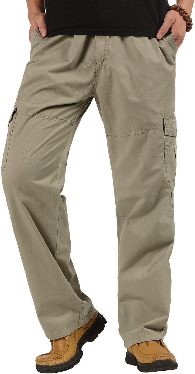 Men's Casual Cargo Pants Loose-fit Outdoor Straight Pants with Multiple Zipper Pockets, Elastic Waist