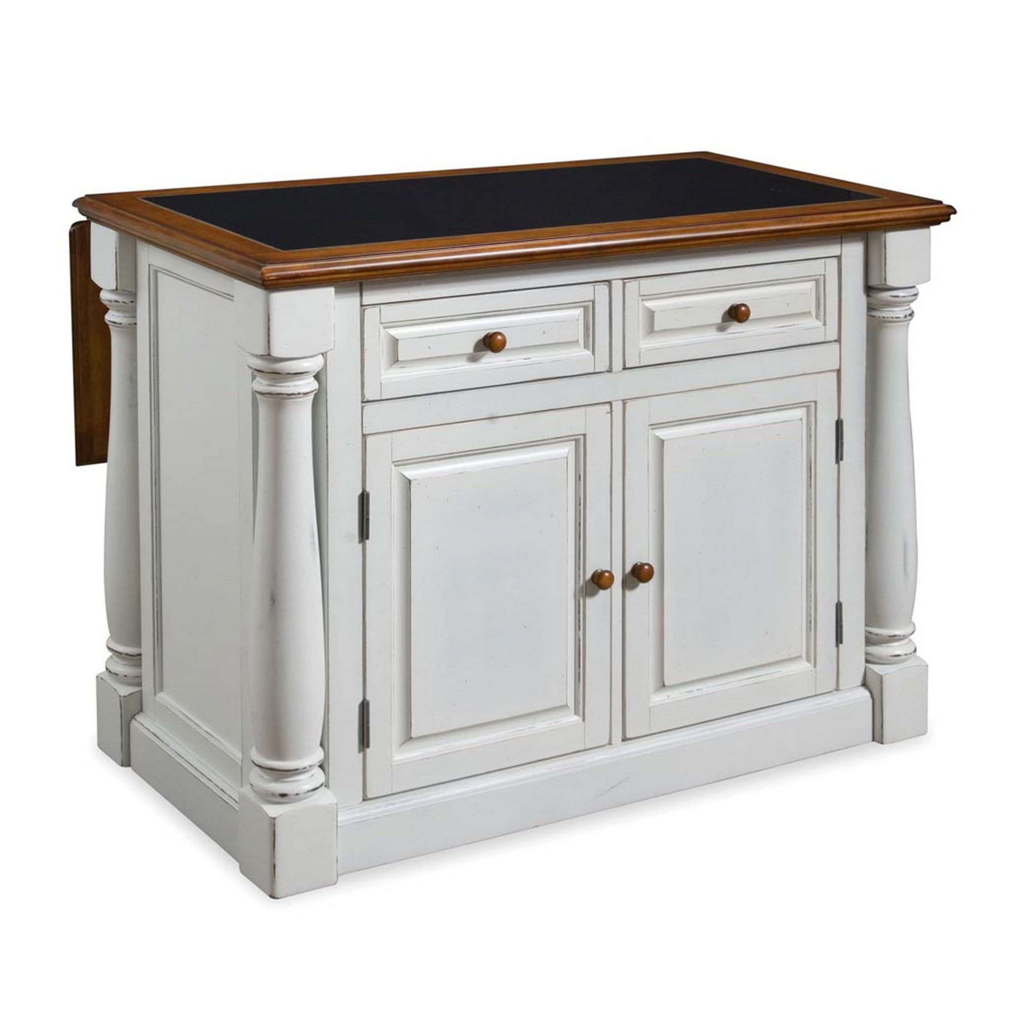 Home Styles Monarch White Kitchen Island with Distressed Oak Top, Black Granite Top Inset, Hardwood, Breakfast Bar, Two Drawers, Two Wood Panel Doors, and Adjustable Shelves Image