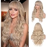 Aida ble Dirty Blonde Wig with Bangs Long Ash Blonde Curly Wavy Wigs for Women Heat Resistant Synthetic wigs for Girls Daily Party Use Halloween Cosplay Wig 28inch