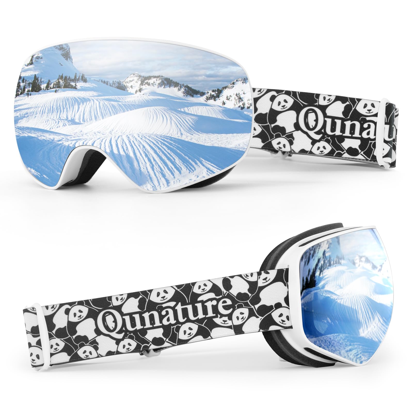Qunature Kids Ski Goggles OTG Snow Goggles Anti-Fog Spherical Dual Lens UV400 Panda Design for Boys & Girls Junior 6-14 Ski Glasses Snowboard Goggles Skiing Skating Snowmobiles