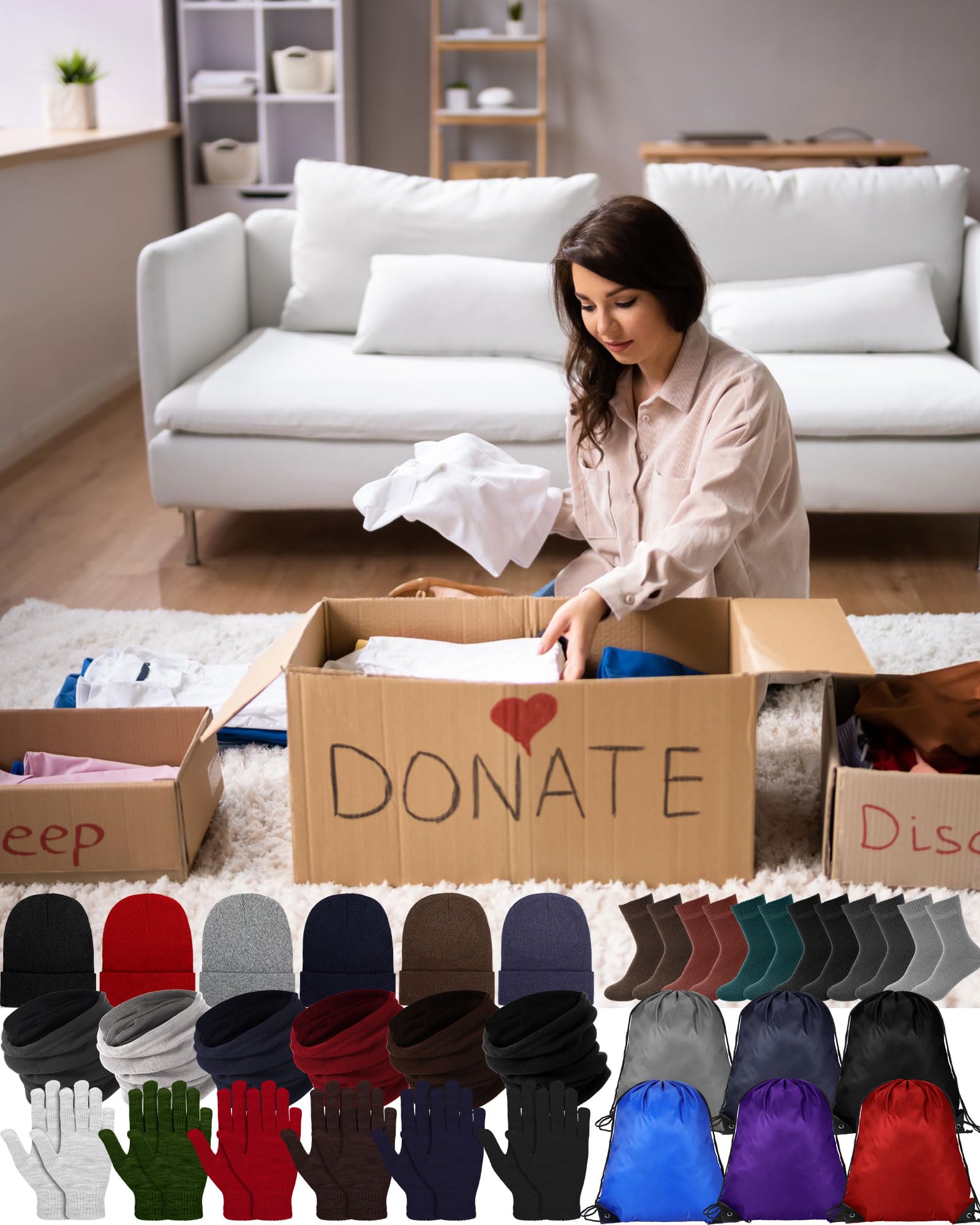 Suhine Homeless Care Package Supplies Winter Beanie Hat Neck Warmer Gloves Sock and Drawstring Bags for Men Women
