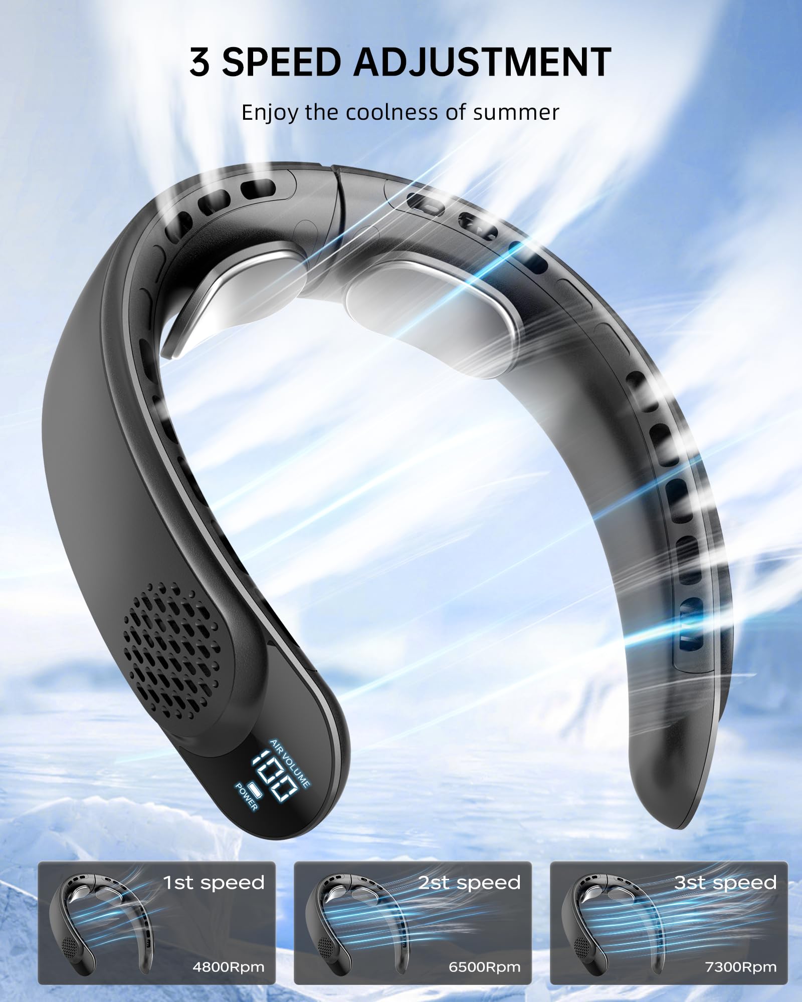 Portable Neck Fan, 4 Turbo Neck Fan, 4000 mAh Battery Operated, USB Rechargeable Personal Fan, 3 Speeds, 360° Cooling Airflow, LED Display, Wearable Fan for Home, Office, Travel, Gifts