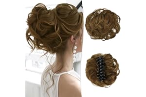RUWISS Claw Clip Messy Bun Hair Piece Real Human Hair Buns Curly Chignon Hair Bun Extensions Wavy Tousled Updo Hair Buns Claw Clip Ponytail Hairpieces Hair Scrunchie with Clip for Women（Light Brown）