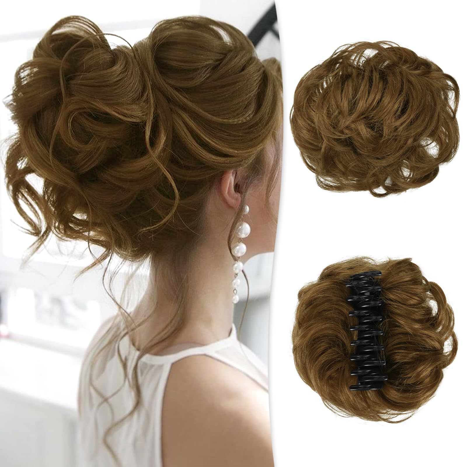 Photo 1 of RUWISS Claw Clip Messy Bun Hair Piece Real Human Hair Buns Wavy Curly Chignon Hair Bun Extensions Tousled Updo Claw Clip Ponytail Hairpieces (Light Brown)