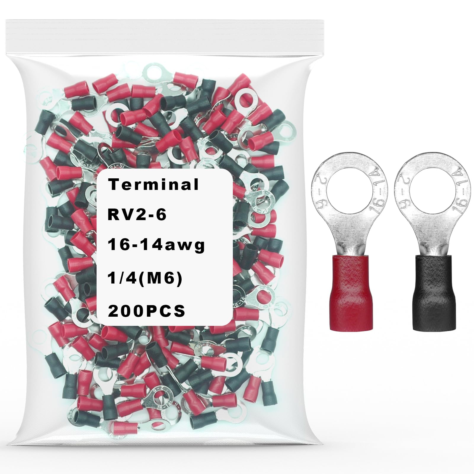 Photo 1 of 200Pcs 1/4 M6 Ring Terminals,AWG 16-14 Insulated Electrical Crimp Terminals,O-Type Crimp Connector Wire Lugs Battery Cable Terminal Kit(100Red+100Black)