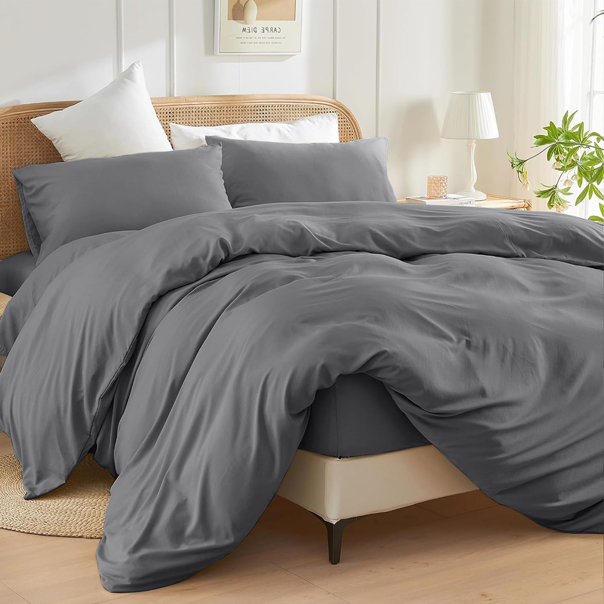 SSW HOMES Super King Duvet Cover Set (Grey) - 3 Pcs Brushed Microfiber Plain Dyed Quilt Cover - Bedding Set with Button Closure Include 1 Duvet Cover & 2 Pillowcases
