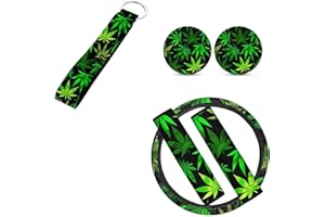 FKELYI Green Weed Pot Marijuana Leaves Print Car Steering Wheel Cover+Seat Belt Shoulder Pads+2.8 Inch Cup Coaster+Hand Wristlet Keychain Holder Set