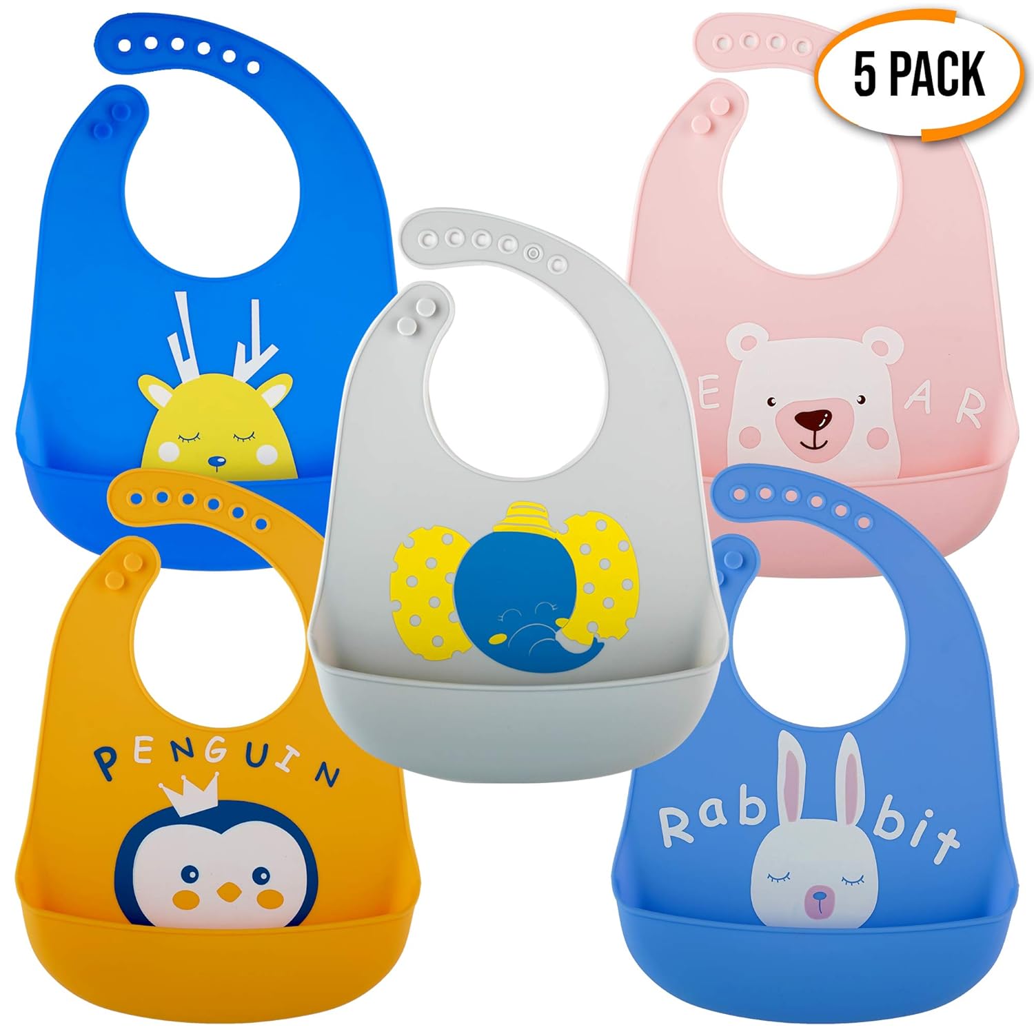 5 Pack Waterproof Silicone Baby Bibs in 5 Colours Wide & Deep Food