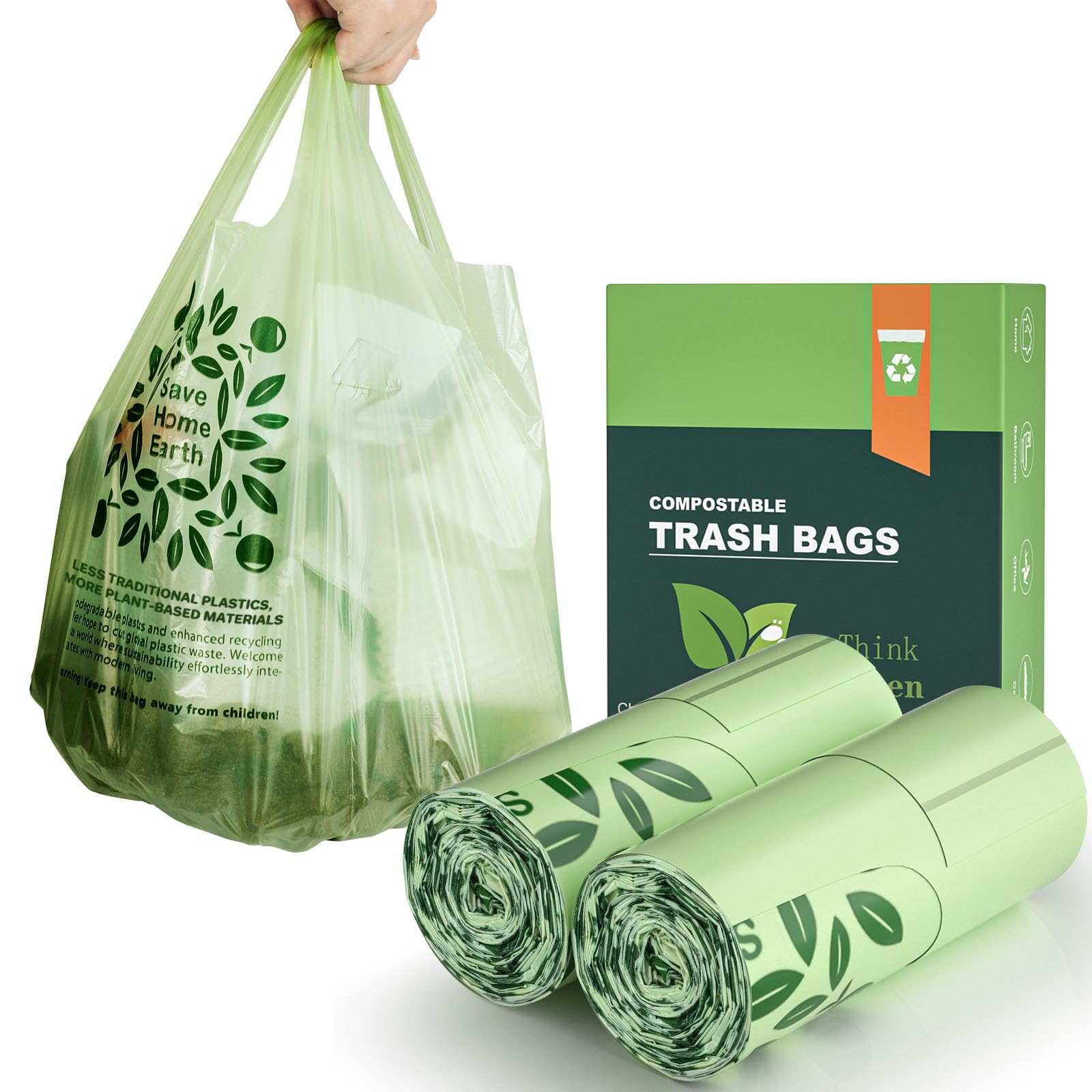 Photo 1 of 1.6-2 Gallon Compostable Trash Bags with Handle Tie, AYOTEE 50 Count Mini Trash Bag Kitchen Food Scrap Waste Bags, Certified By ASTM Standard Compost Bags for Kitchen Compost Bin Green