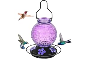 AUBINGMOTOR Glass Hummingbird Feeders for Outdoors Hanging, 23Oz Humming Bird Nectar Feeders with Perch, 5 Flower Feeding Ports, Leak Proof Base and Hook for Garden Decor, Gifts for Mom Women (Purple)
