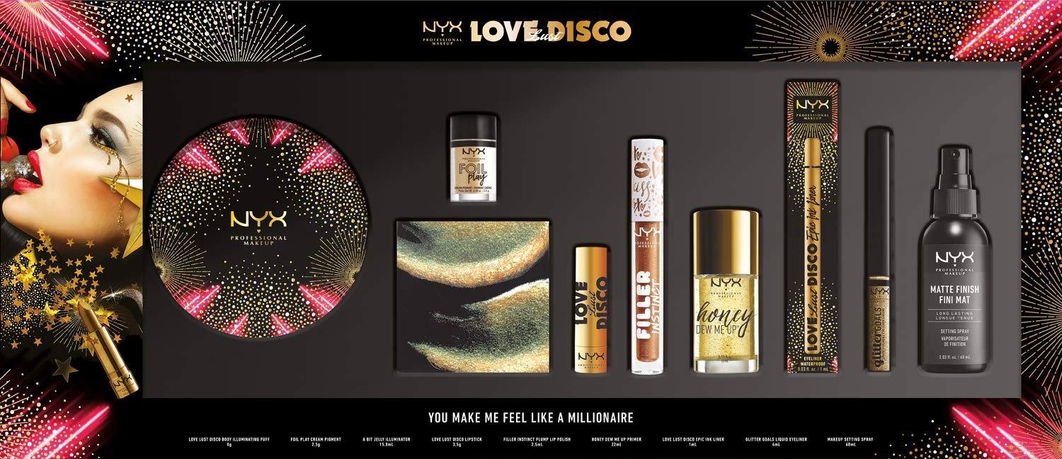NYX Professional Makeup You Make Me Feel Like a Millionaire Makeup Set, 9 Pieces, Golden Makeup for Eyes, Lips, Face, Ideal Gift for Makeup Lovers