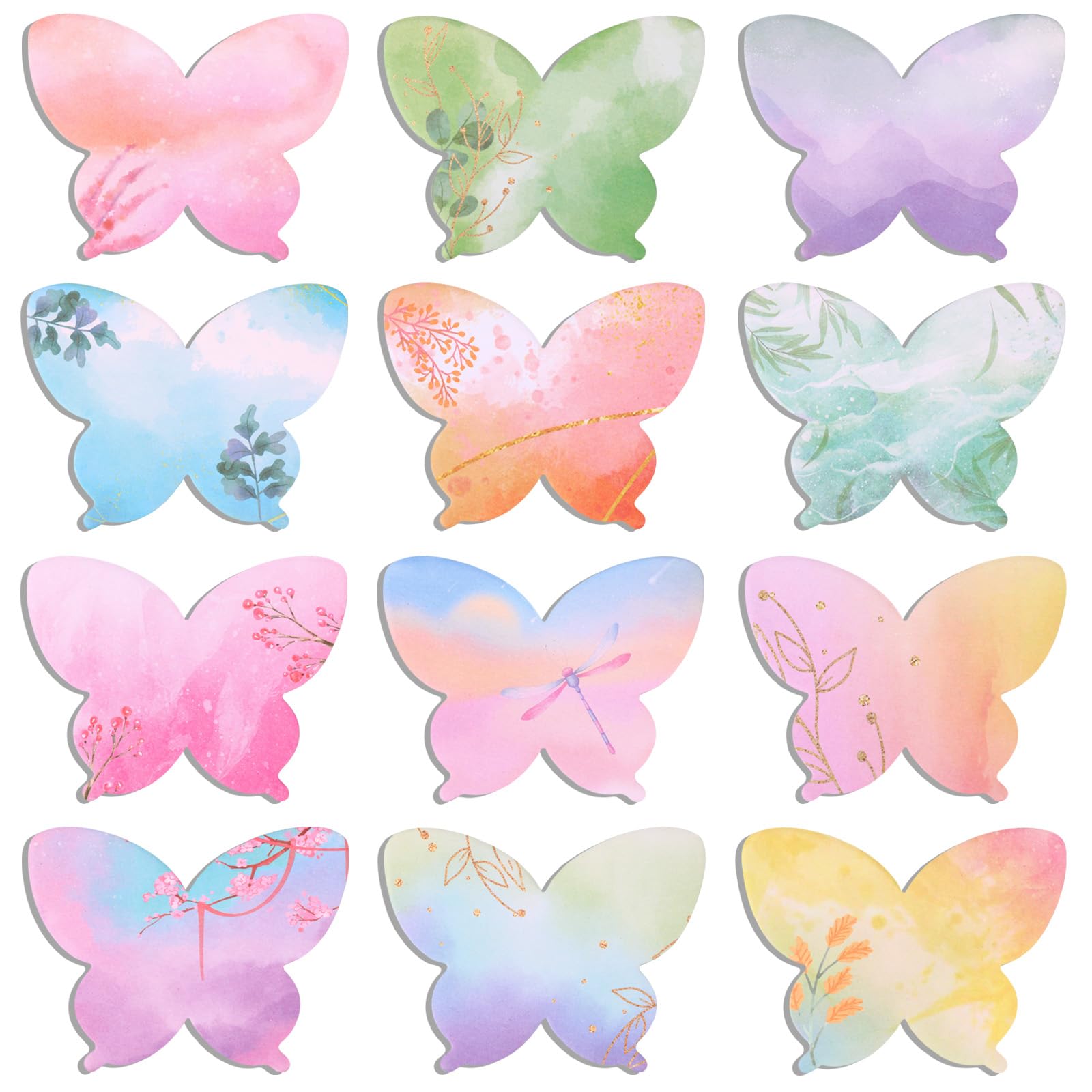 JSRQT 12Pcs Watercolor Butterfly Shaped Sticky Notes, Post Self Stick Notes Pads, Writing Notes Post Memo Pads for Student Teacher Staff, School Office Meeting Home Plan Reminder Stationery Supplies
