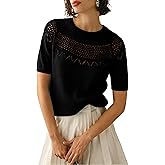 Yeokou Womens Short Sleeve Sweater Round Neck Eyelet Knit Crochet Pullover Summer Fall Casual Top Blouse