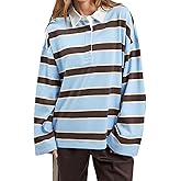 Kodaruber Women Oversized Striped Polo Sweatshirt Long Sleeve Lapel V Neck Rugby Shirt Pullover Top Vintage Clothes