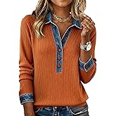 Women's Denim Collar Long Sleeve Sweater Knit Top Casual Pullover Lightweight V-Neck Tunic Oversized Chic Tops