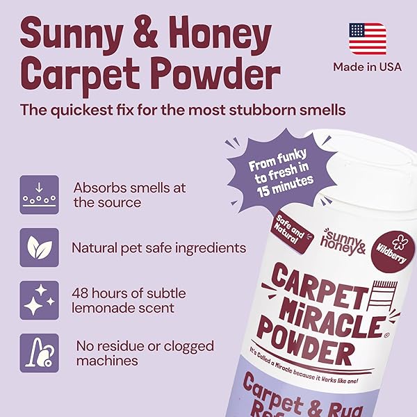 SUNNY & HONEY CARPET DEODORIZER AND FRESHENER POWDER – PET SAFE RUG REFRESHER FOR VACUUMING – BERRY ODOR ELIMINATOR FOR STRONG ODOR AND PET URINE (20 OZ)