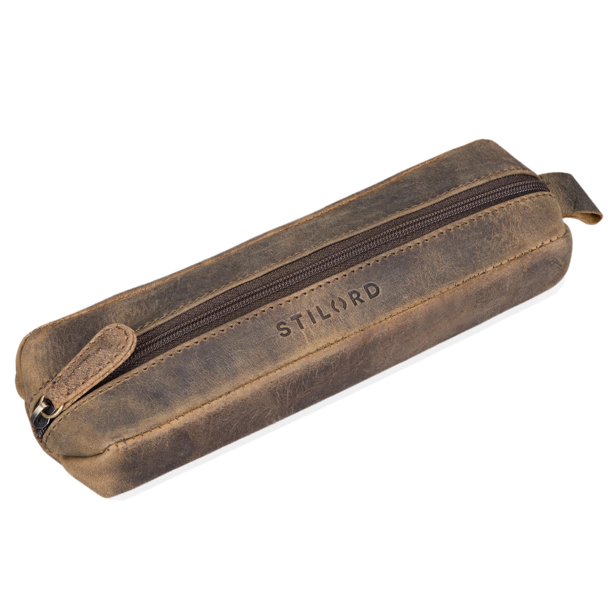 STILORD "Quinn" Leather Pencil case Round Vintage Pen Holder Pouch roll Round Large Ladies Men Genuine Leather Colour:Middle Brown