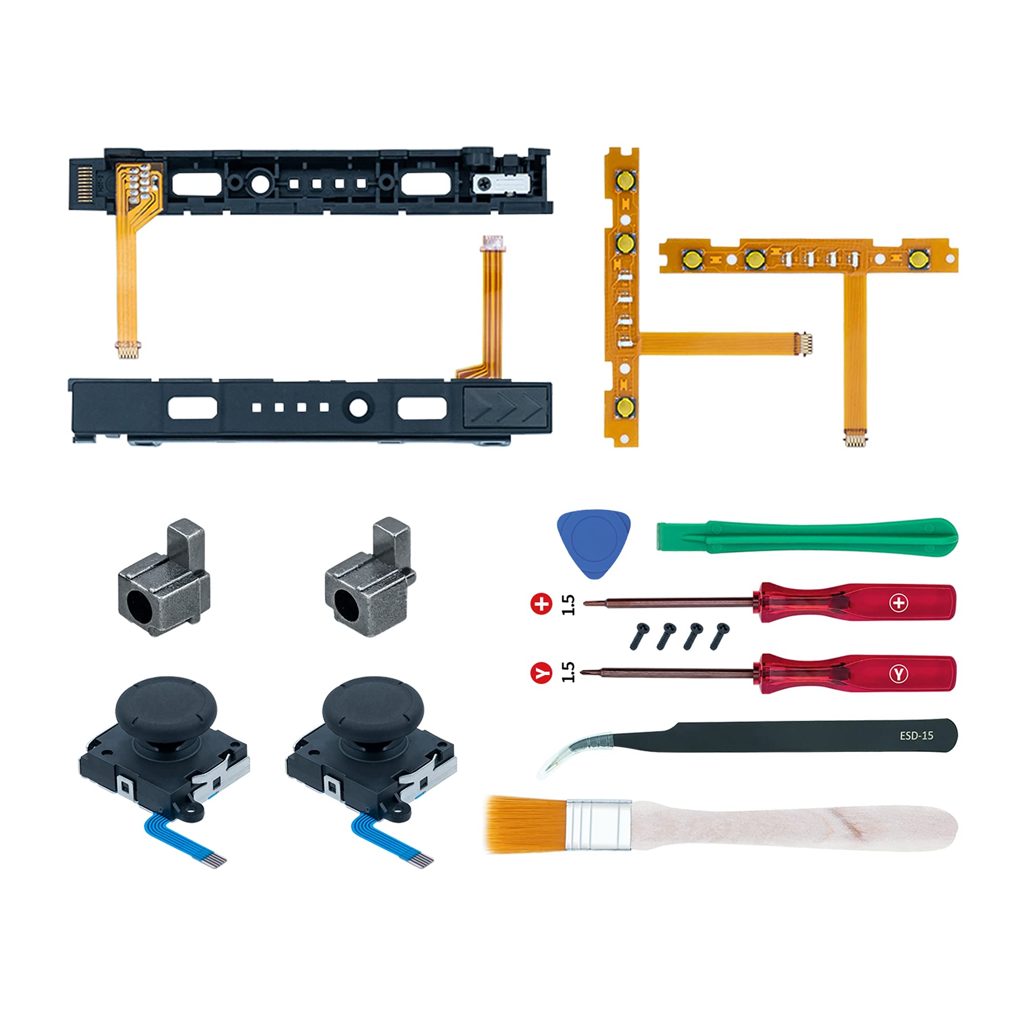 Mcbazel 18 in 1 Replacement Repair Kit for N-Switch Joy-Con with Screwdrivers Opening Tool, 3D Left Right Analog Joysticks, Buckle Lock, Charging Port Slider, Button Sync Flex Cable Set (NOT for Switch 2)
