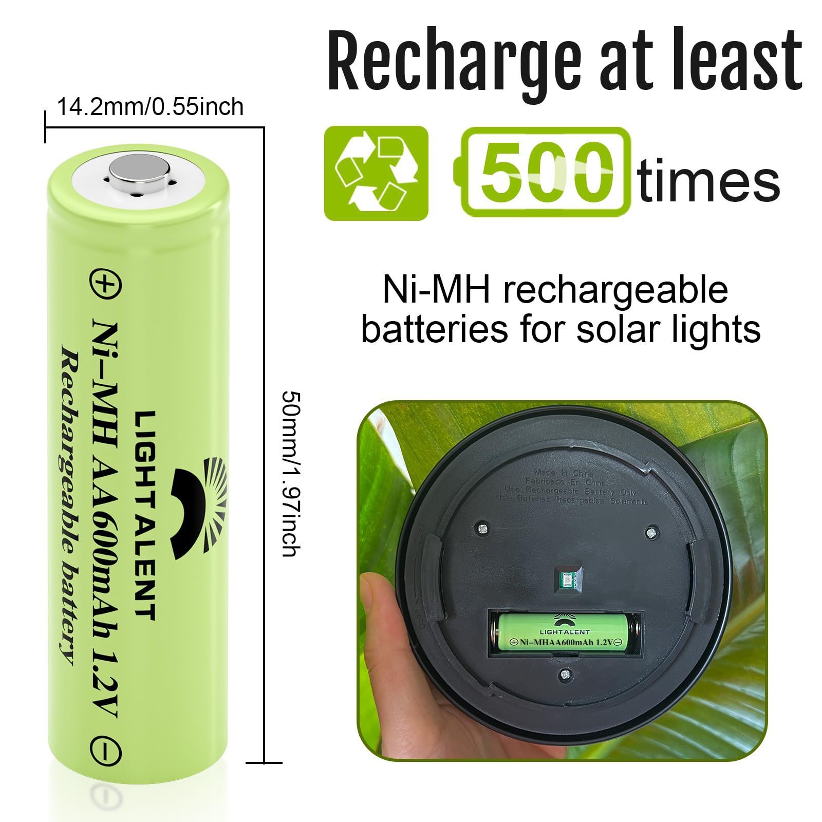 Lightalent Ni-MH AA Rechargeable Batteries, Double A High Capacity 1.2V Pre-Charged Battery for Outdoor Solar Lights(AA-600mAh-12pack)
