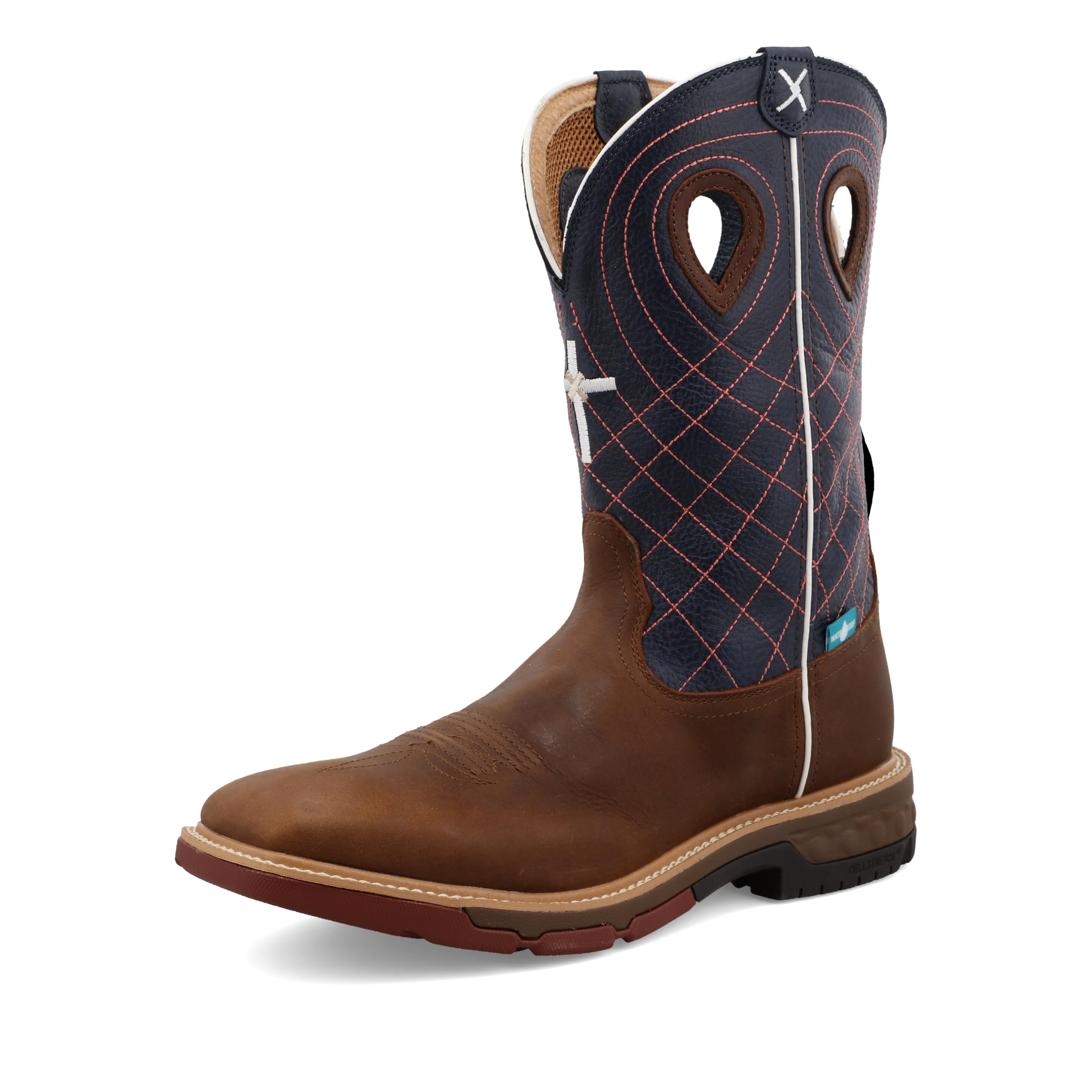 Twisted X Men's 12" Western Work Boot, Square Toe with CellStretch, Mocha & Navy, 8.5 EE Image
