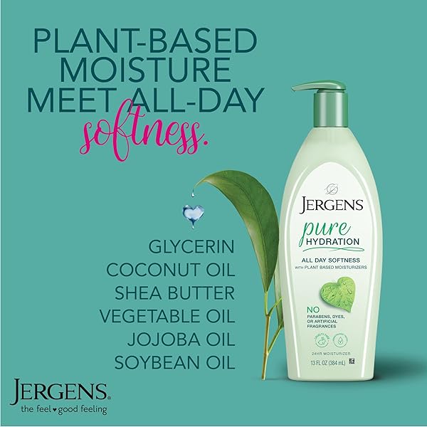 JERGENS PURE HYDRATION BODY LOTION, PLANT BASED MOISTURIZER HYDRATES DRY TO EXTRA DRY SKIN, PARABEN AND CRUELTY FREE, FRAGRANCE FREE FORMULA, 24HR HYDRATION, 13 OZ