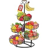 PouHenier.jh 5 Tier Fruit Basket Tower Stand with Banana Hanger for Kitchen Counter, Vegetable Tiered Shelf for Countertop, Tall Standing Produce Holder for Potato, Onion with Stable Base (Black)