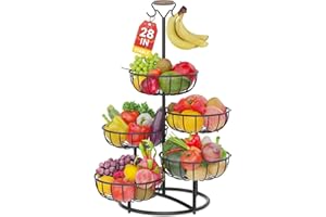 PouHenier.jh 5 Tier Fruit Basket Stand with Banana Hanger, Kitchen Counter Black Metal Wire Vegetable Storage Holder, Counter