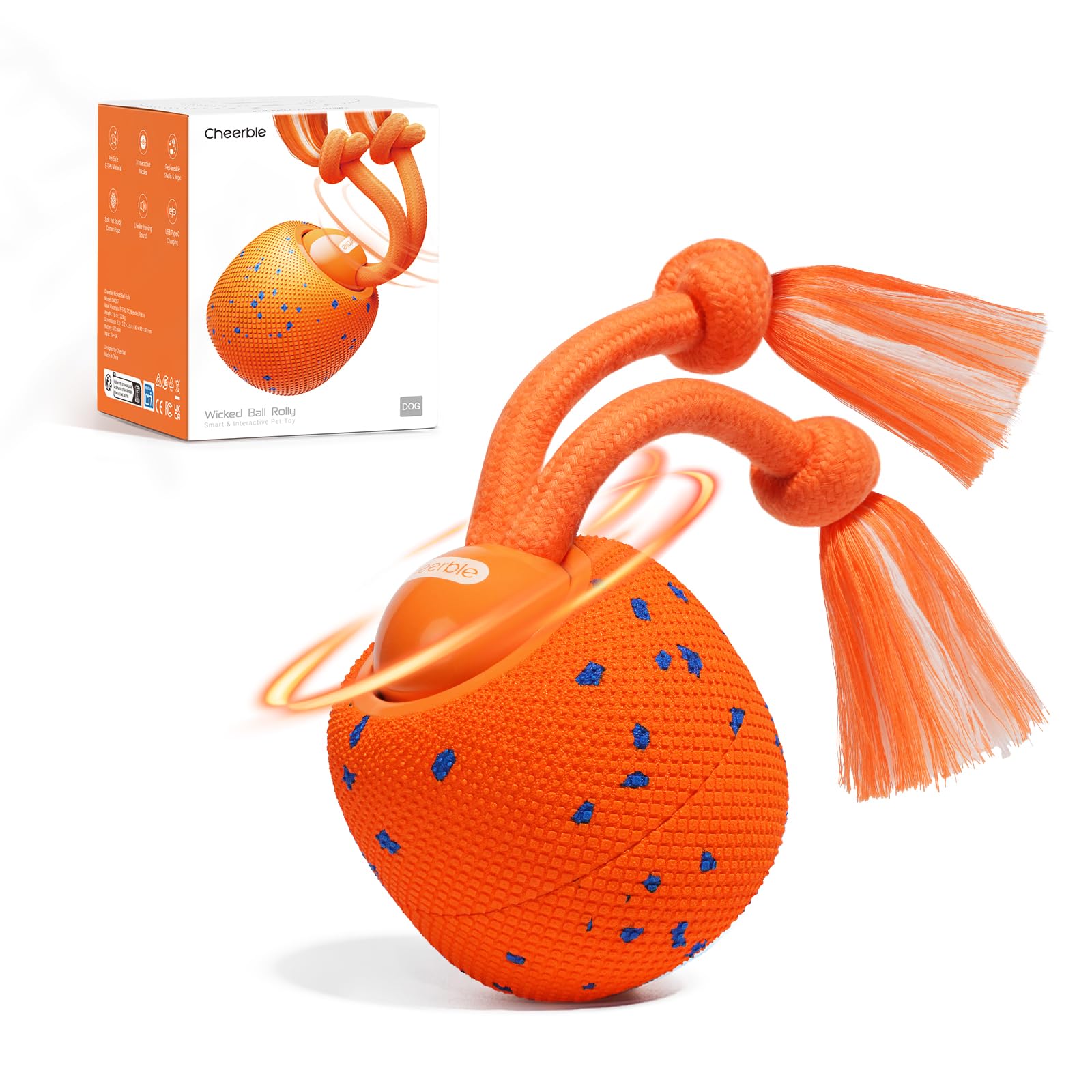 Photo 1 of Cheerble Smart Interactive Dog Toy, Wicked Ball Rolly, Automatic Moving, Bouncing, Rotating, E-TPU Material, with Rope & Barks Sound Active Rolling Interactive Dog Ball for Medium and Large Dogs