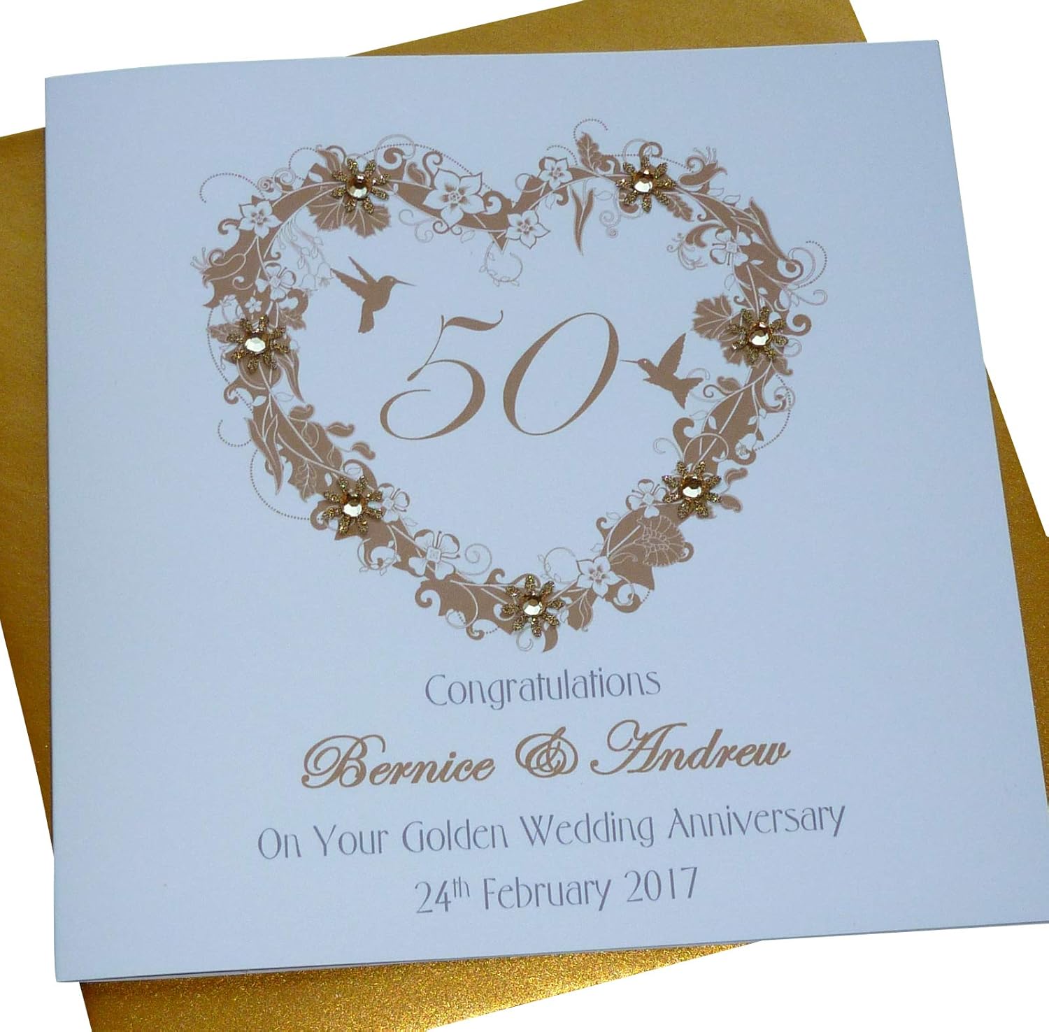 Handmade Personalised Golden / 50th Wedding Anniversary Heart Card