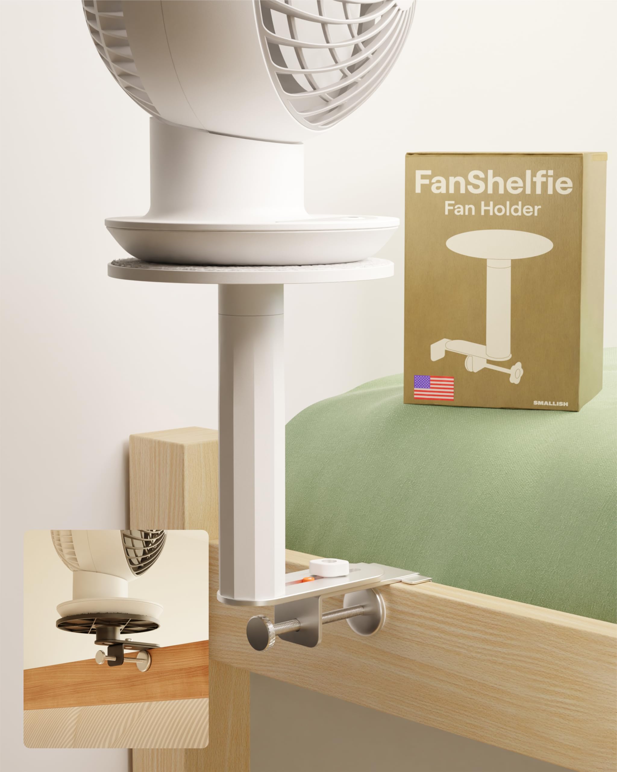 Photo 1 of FanShelfie Adjustable Fan Holder for Dorm Room, Bunk & Lofted Bed, College Essentials for Boys & Girls, Patented Height & Distance Design, Compatible with Popular Dorm Fans, 2 Height Options (White)
