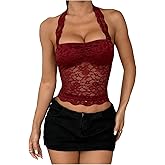 SOLY HUX Women's Floral Lace Halter Tops Sheer Backless Sleeveless Y2k Going Out Tank Top