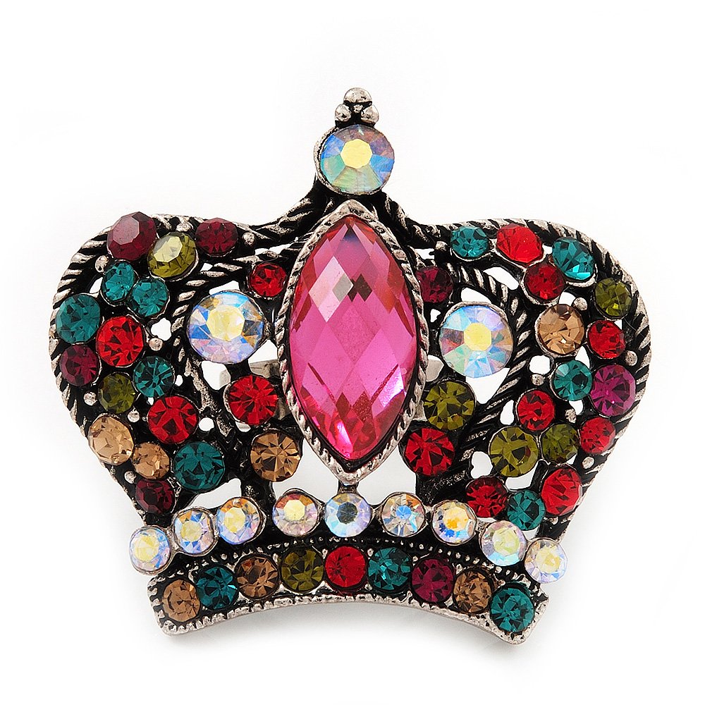 Avalaya 40mm Across/Large Multicoloured Crystal Crown Ring/Aged Silver Tone/Adjustable/Size 7/9