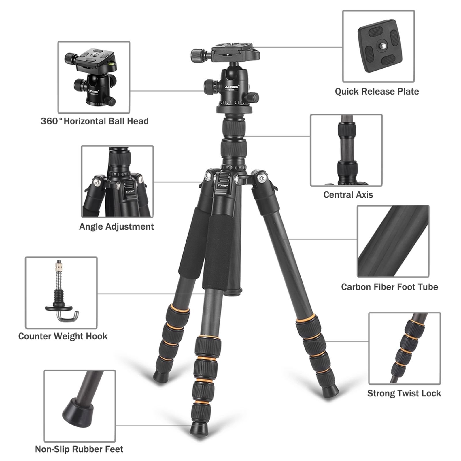 ZOMEI Carbon Fiber Q666C Tripod Heavy Duty Lightweight Travel with 360 Degree Ball Head Compact for Canon Sony, Nikon, Samsung, Panasonic, Olympus, Kodak, Fuji, Cameras and DSLR