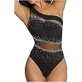 SweatyRocks Women's One Shoulder Bodysuits Sparkly Rhinestone Mesh Sleeveless Bodysuit Club Top