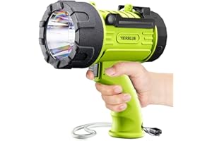 YIERBLUE Rechargeable Spotlight Flashlight with 100,000 High Lumen LED, IP67 Waterproof Long Running Spot Light searchlight, Impact Resistant Handheld Spotlight with Foldable Stand and Red Lens