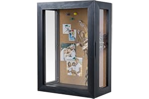 MyGift Deep Shadow Box Frame 11x15 Inch, Wall Mounted Display Case for Flowers, Picture, Vintage Coal Black Finish and Cork Backing, Solid Wood, Clear Acrylic Panels, Hinged Door Magnetic Closure