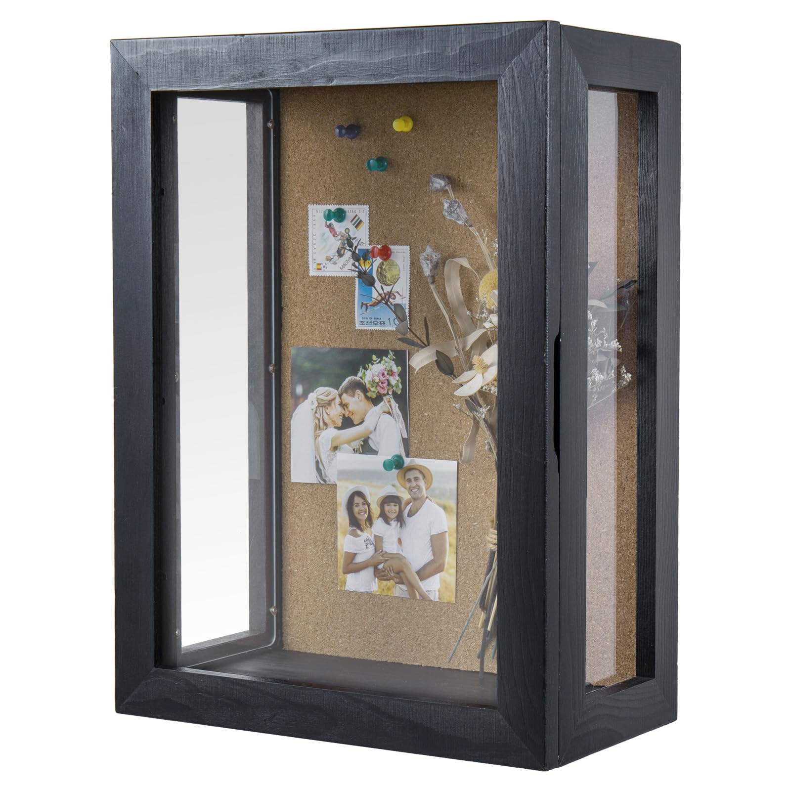 Photo 1 of MyGift Deep Shadow Box Frame 11x15 Inch, Wall Mounted Display Case for Flowers, Picture, Vintage Coal Black Finish and Cork Backing, Solid Wood, Clear Acrylic Panels, Hinged Door Magnetic Closure