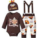 KANGKANG My First Thanksgiving Baby Boy Romper Outfit Newborn Boy Clothes Turkey Romper + Suspender Pants with Hat