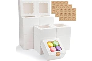 BANYAKONG 30pcs Cookie Boxes with Window, 6x6x3 Inches White Bakery Boxes, 36 Pcs Stickers,for Small Cookies, Treats, Candy, Desserts, Chocolate Covered Strawberries,Mini Cake Boxes