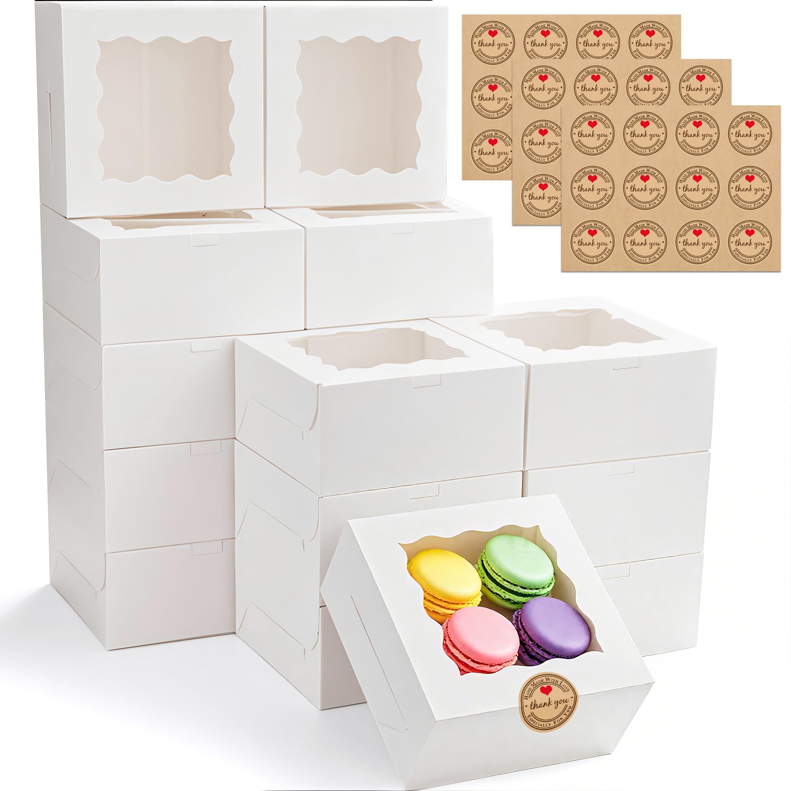 Photo 1 of 30pcs Cookie Boxes with Window, 6x6x3 Inches White Bakery Boxes, 36 Pcs Stickers,for Small Cookies, Treats, Candy, Desserts, Chocolate Covered Strawberries,Mini Cake Boxes