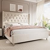 Jocisland King Size Bed Frame with Headboard, 49.2" Velvet Tufted, Cream | 49.2" Tall Headboard, Extra Thick Wingback, Tufted Diamond Button, Premium Velvet, Noise-Free Upholstered Bed Frame