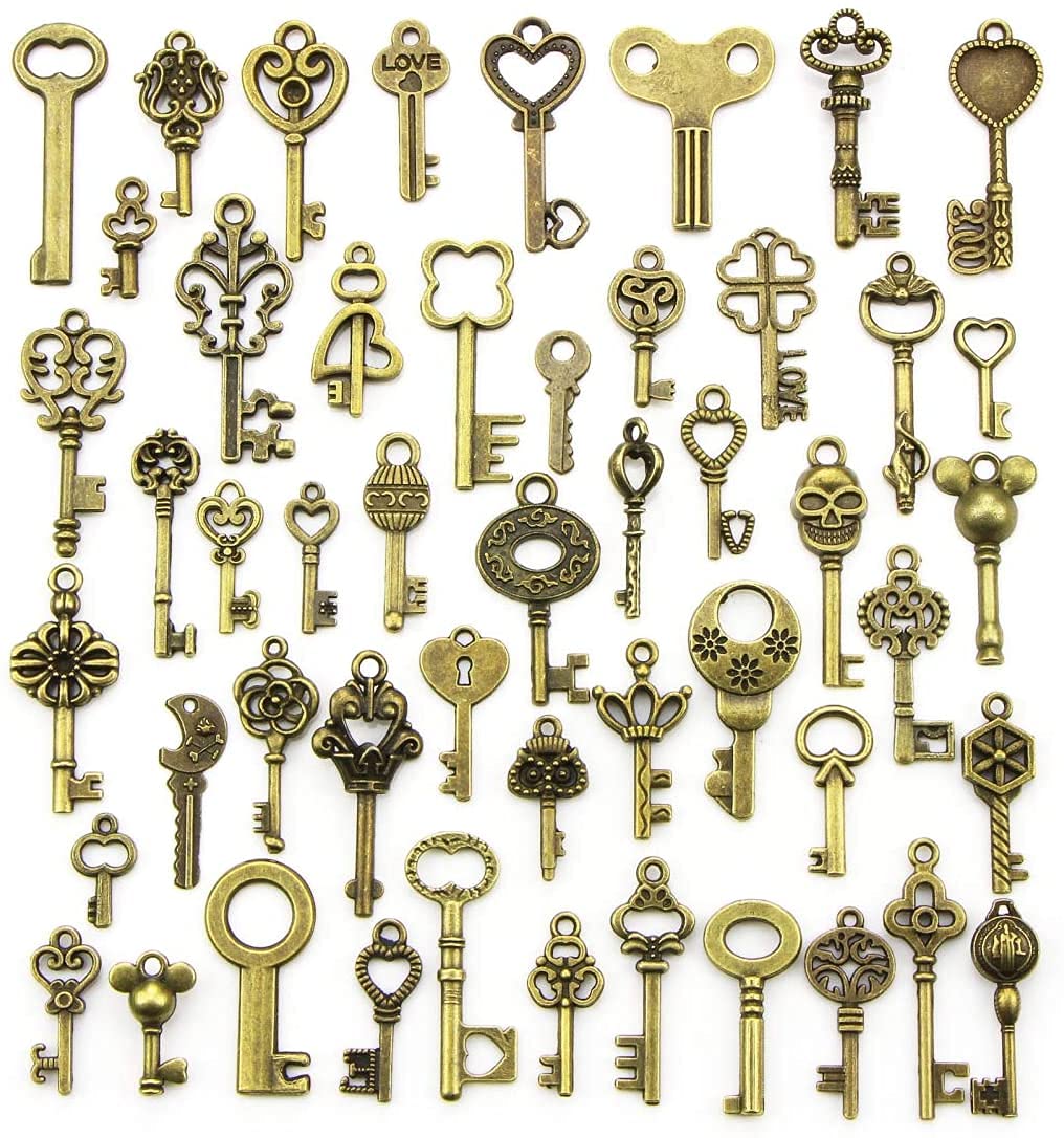 YiYFiT Vintage Keys 50pcs Mini Antique Bronze Keys,Skeleton Key Charms Set Santa Magic Key Rustic Key Charms for crafting, magic Key for DIY Jewelry Making, Key Set for Christmas Decoration