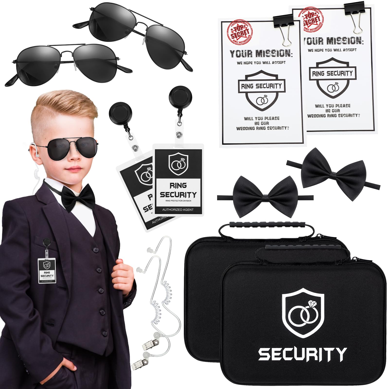 Photo 1 of Mepase 14 Pcs Ring Wedding Bearer Security Set Include Ring Bearer Box ID Badge Holder Sunglass Acoustic Earpiece Tube Mission Card with Binder Clip Bow for Kids (Oxford Cloth Suitcase)