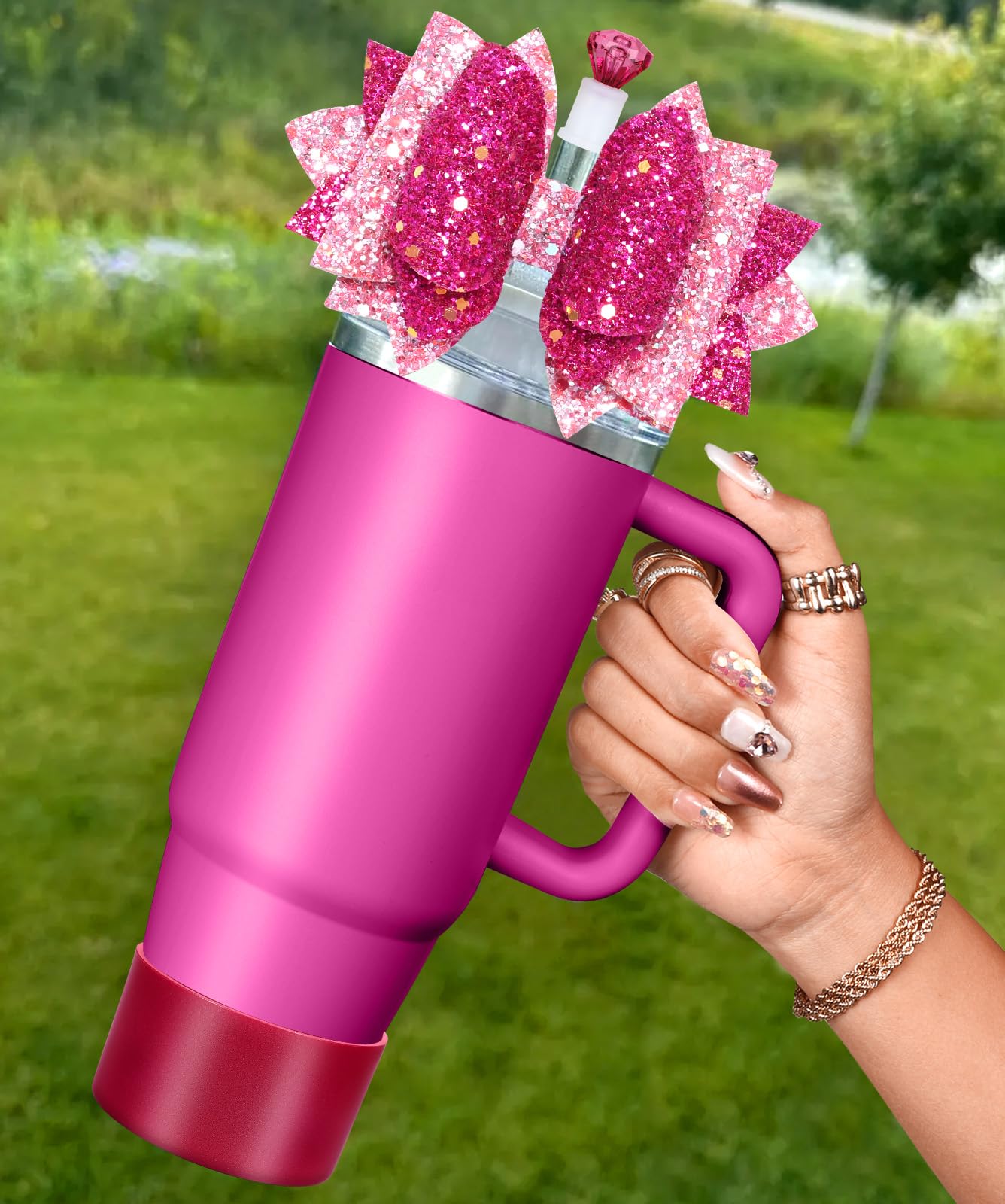 Photo 1 of Toykee Bow Straw Topper with Cup Bootfor Stanley 40 30 oz - Bling Glitter Pink Bow and Diamond Cover Caps with Bottom Protector 3 PCS Sets for Tumbler Accessories