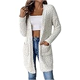 MakeMeChic Women's Fuzzy Cardigan Sweater Long Sleeve Open Front Double Pocket Knitted Outerwear