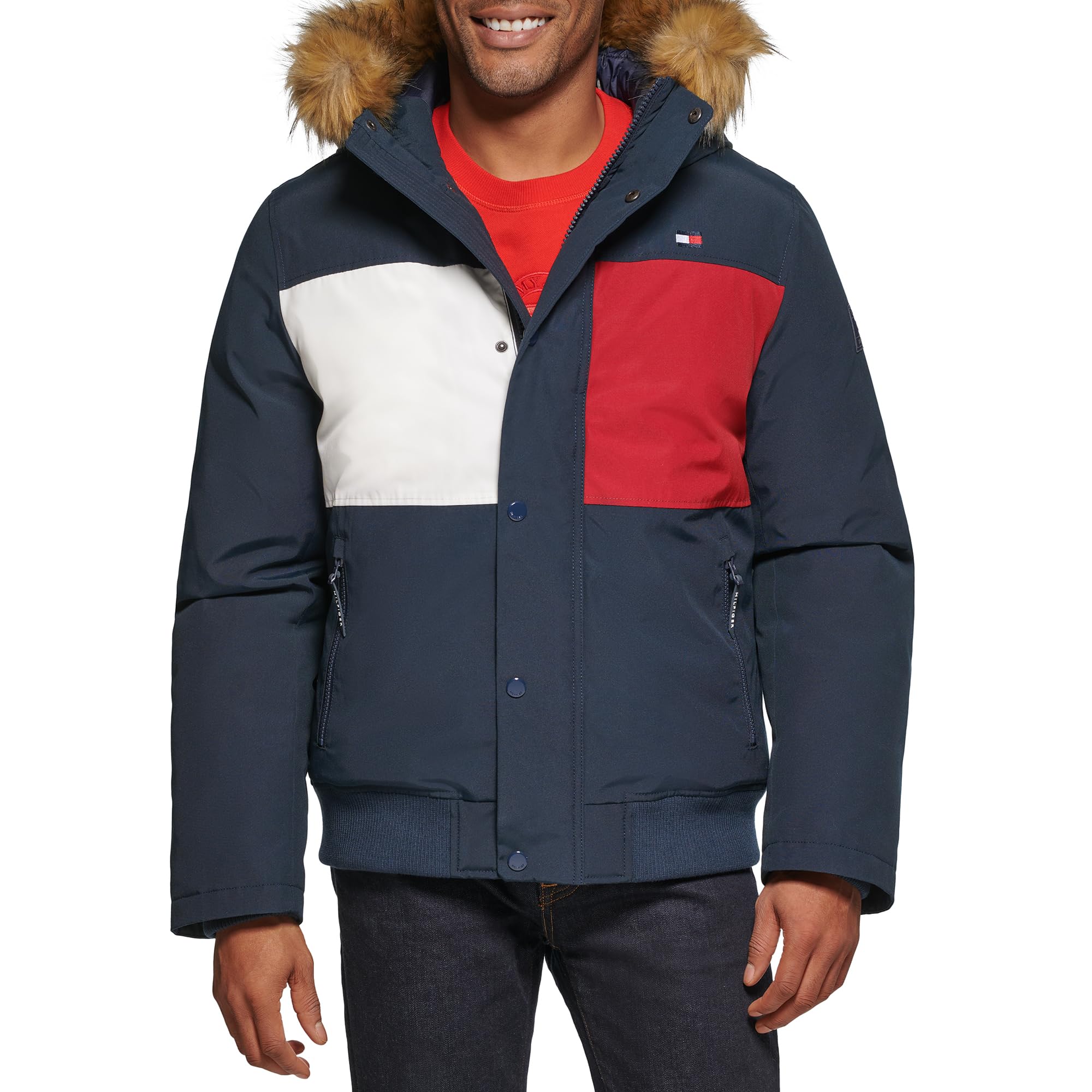Tommy Hilfiger Men's Arctic Cloth Quilted Snorkel Bomber Jacket, Navy Flag Print, Small Image