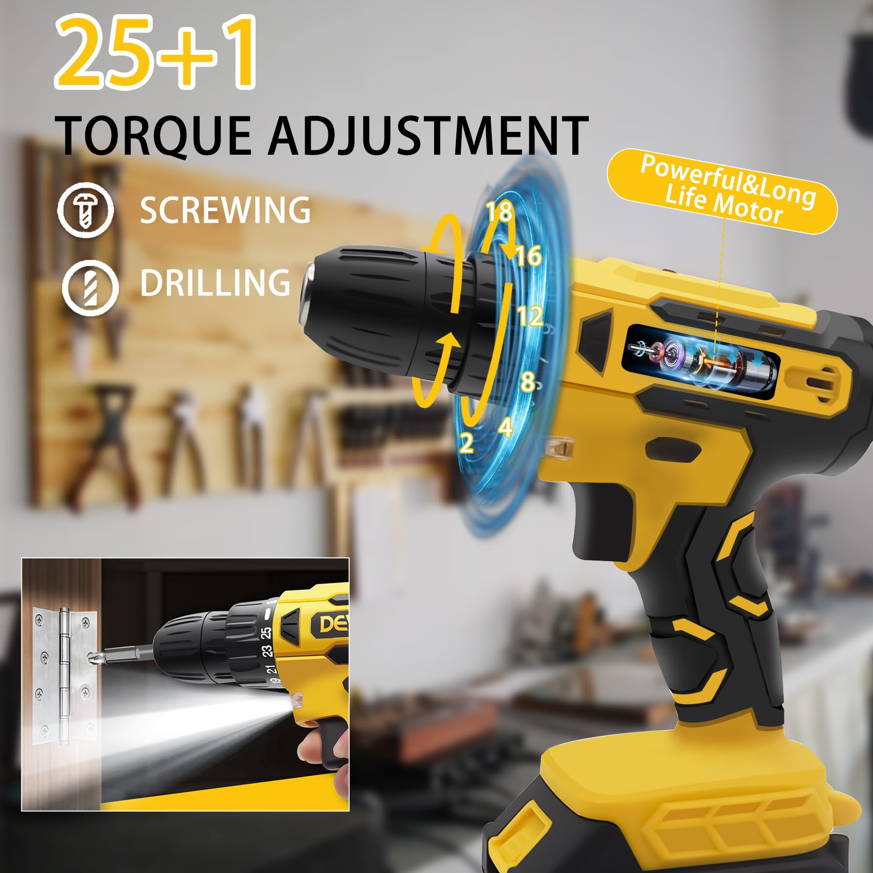 DEVONIC Cordless Drill Set,21V Electric Drill with 2 Lithium Battery and Charger,3/8